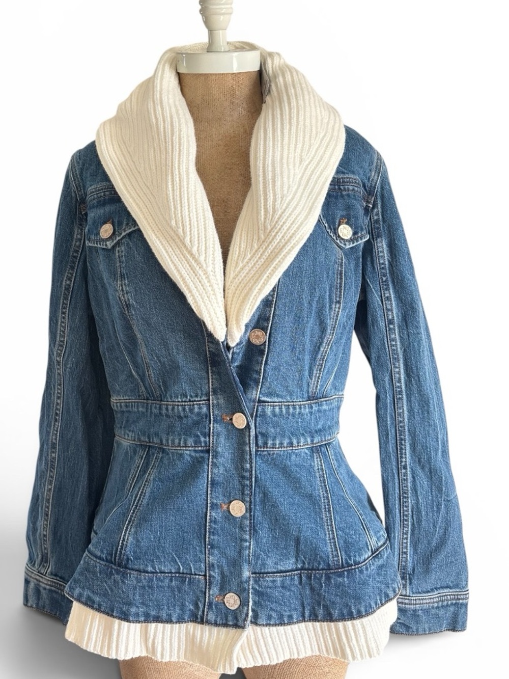 White House Black Market Hybrid Sweater Peplum Denim Jacket Medium NWT